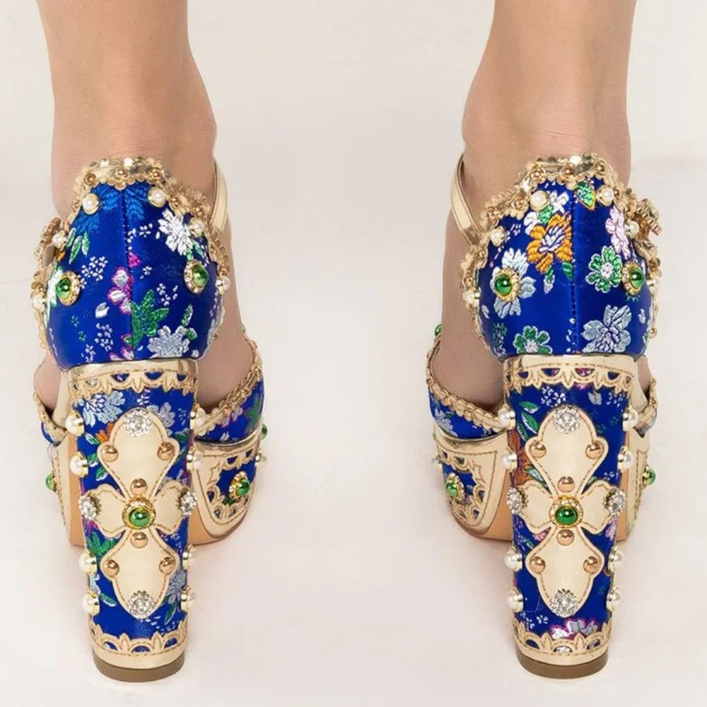 SOLD OUT ❤️ Callie Xhibit: Museum Platform Jeweled Tapestry Gold Pearl Heels 11 - Picture 2 of 5